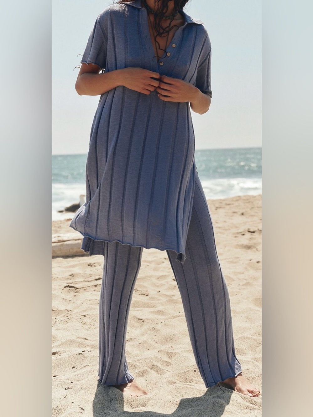 Free People Paloma 2-Piece Ribbed Knit Set Blue Suede color NWT XS